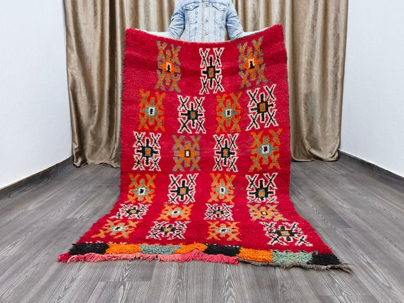 Boujaad Moroccan Red Rug Carpet - Red moroccan rug - Vintage Boho Rug - Handmade Red Rug - Boujaad Rug - Woolen Rug - Area Rugs 3.8x6 ft