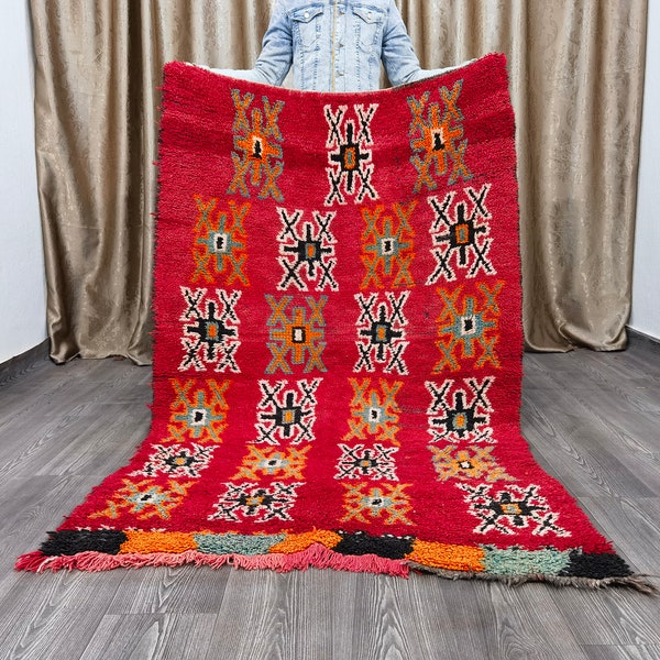 Boujaad Moroccan Red Rug Carpet - Red moroccan rug - Vintage Boho Rug - Handmade Red Rug - Boujaad Rug - Woolen Rug - Area Rugs 3.8x6 ft