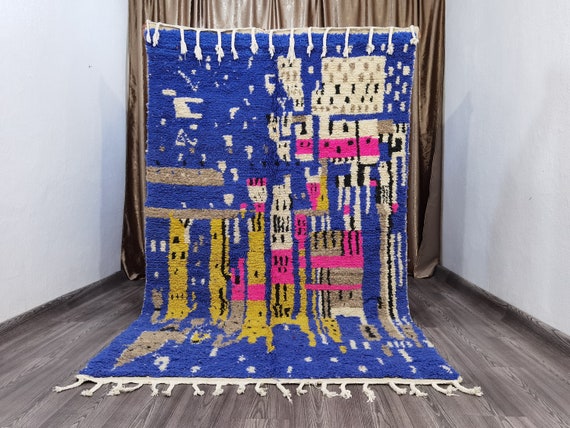GORGEOUS BENIOURAIN RUGS - Azilal Berber Rug - Handmade Wool Rug - Living Room Rug - Blue Rug - Custom Size Rug - Funky Rug - Best gift