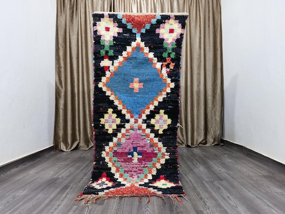 Gorgeous Handmade Moroccan Bohemian Shag Rug - Moroccan Colorful Boucherouite Rug - Old Boucherouite Rug 2.7x6.4 FT ( 83 X 194 Cm) .