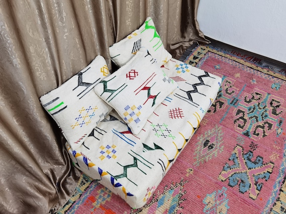 Moroccan Sofa - (120x60x25 cm) Unstuffed Long Floor Cushion + 3 Back Pillows