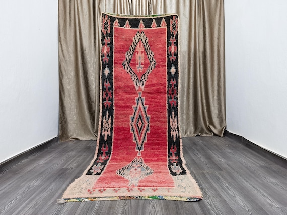 Boujaad Runner 3.3x9.2 Ft - Red Runner Rug - Tribal Runner Rug - Unique Runner Rug - Moroccan Berber Rug - Black Hallway Runner