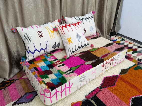 Fantastic Moroccan Floor couch - Unstuffed Complete set Long Floor Cushion - Handmade Home Decor + Back Pillows + GIFT Pillow
