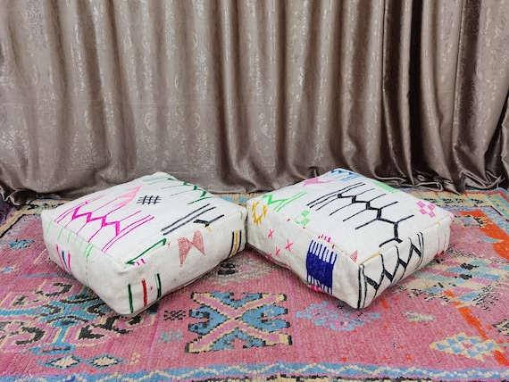 Handmade Moroccan Wool Floor Cushion: Berber Square Pouf Ottoman