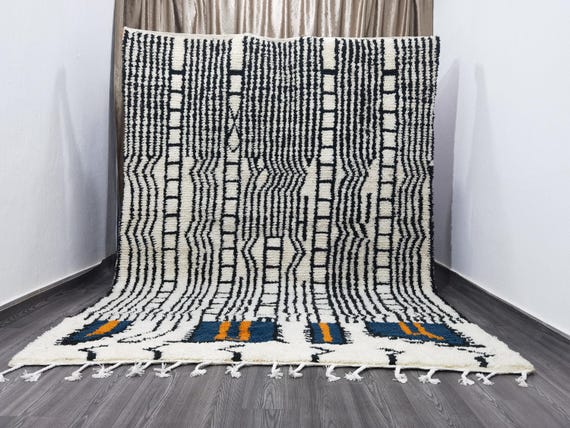 White & Black Beni Ourain Rug 7x10 ft – Handmade Moroccan Boho Area Rug