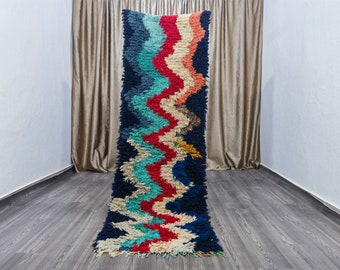 May include: A long, colorful rug with a zig-zag pattern in shades of blue, red, white, and orange. The rug is made of a soft, fluffy material and has a fringe on the ends.