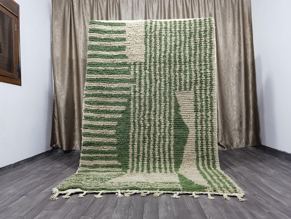 Handmade Green Striped Beni Ourain Rug: Moroccan Wool Carpet