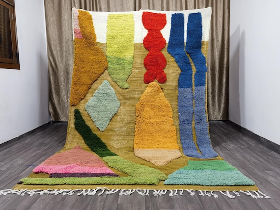 Beni Ourain Colorful Rug, Wool Rug, Green Moroccan Carpet, Soft Area Rug, Rugs For Living Room, Multicolored Rug .