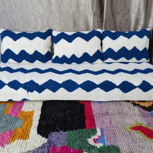 Moroccan Blue Floor couch - Unstuffed Complete set Long Floor Cushion , Set of 6 ft (180x60x20 cm) + Back Pillows, Pillow cases