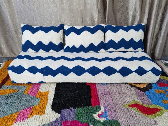 Moroccan Blue Floor couch - Unstuffed Complete set Long Floor Cushion , Set of 6 ft (180x60x20 cm) + Back Pillows, Pillow cases