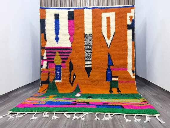 Gorgeous Beni Ourain Rug, Green And Orange Rug, Emerald Green Rug, Colorful Rug, Green Wool Beniourain Carpet, Unique Geometric Rug, Gifts