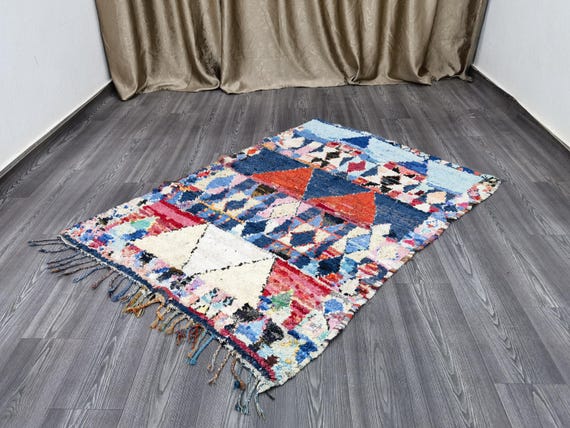 3.9x5.4 Ft  Boujaad Rug - Blue Runner Rug - Unique Runner Rug - Moroccan Berber Rug - Blue Hallway Runner Rug - Boucherouite Rug