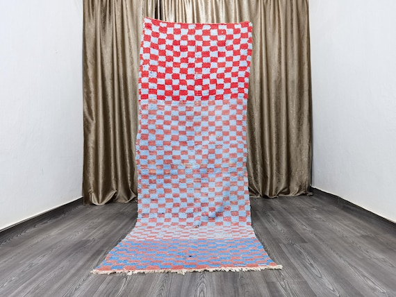 Gorgeous Authentic boujaad runner rug 3.2x8.7 Ft - berber Colorful Runner Rug - Moroccan Runner Rug - checkered runner rug - shaggy wool rug