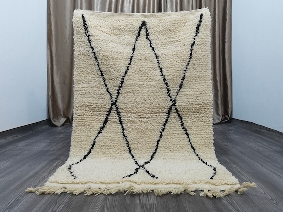 Gorgeous Beni Ourain Rug - White And Black Rug - Unique Geometric Rug -  White Wool Beniourain Carpet - Woven Rug Runner - Azilal Rug