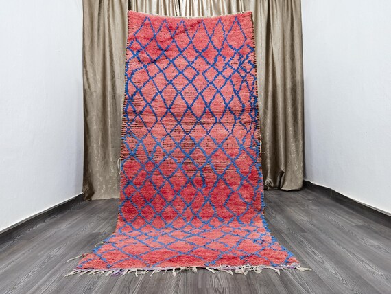 hallway runner rug moroccan in blue, red, boujaad Runner rug, narrow narrow rug, Colorful Berber Runner Rug .