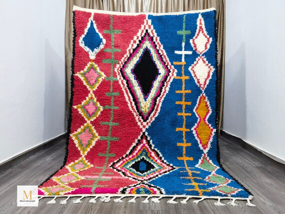 Boujaad Moroccan Rug - Custom Rugs For Living Room -Moroccan Handmade Rug, Blue Rug, Handmade Wool Carpet, Azilal Berber Rug, Handwoven Rug