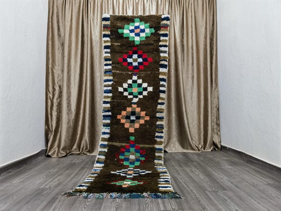 Handmade Brown Moroccan Runner Rug: 2.6x9.2 Ft Cotton Boho Rug