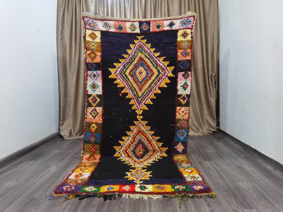 4x8,2 ft / 122X250 cm : Colorful Vintage Moroccan Rug , Boho Moroccan Rug , Abstract Black Rug , Morrocan Runner Rug , Super Soft Rug
