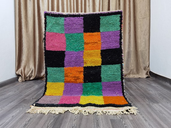 Checkered Moroccan Rug Multicolor, Checkered Carpet Beni Ourain, Custom Berber Area Rug, Handwoven Wool Rug,Azilal Wool Rug, Moroccan Rug