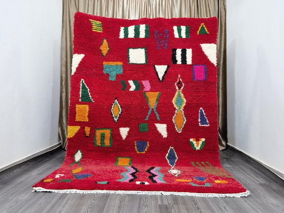 Gorgeous Beni Ourain Rug - Red Vintage Rug 8x10, Moroccan Rug 8x10, Gift Heriz Red Rugs 8x10, Gift Oriental Area, Handmade Wool Rug