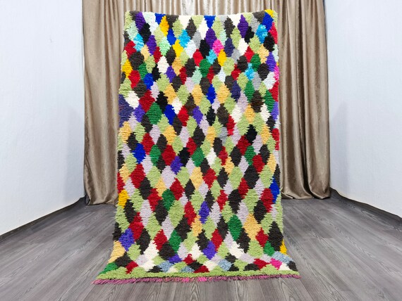 Boujaad Rugs For Living Room - Handmade Green Checkered Rug - Vintage Boujaad Rug , Authentic Moroccan Rug 3.3x5,9 ft (180 x 100 cm) .