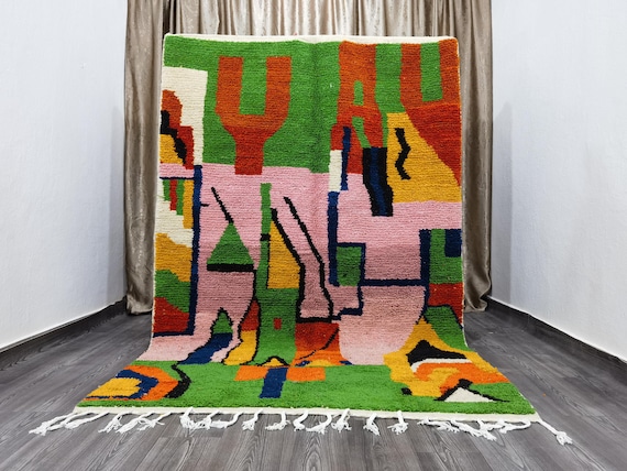 Amazing Moroccan Green Rug - Authentic Berber Rug - Wool Rug Pink - Quality Handmade Morrocan Rug - Bohemian Style Rug For Living Room .
