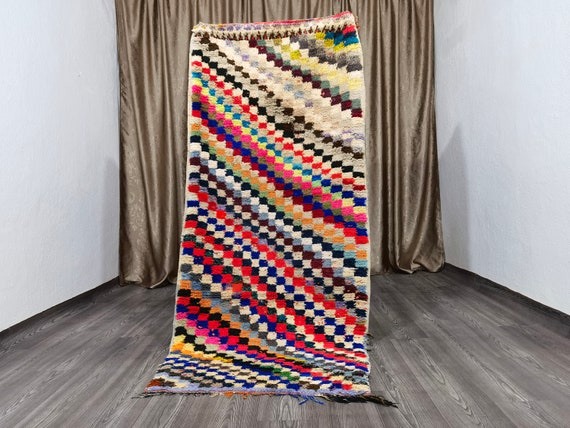 3x7 Ft - Moroccan Vintage Runner Rug - Berber Runner Rug - 3x7 Vintage Area Rug - Hand Woven Rug - Morocco Checkerboard Soft Area Rug
