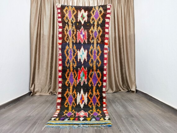 Hand-Knotted Moroccan Runner Rug: Colorful Berber Cotton Carpet (8.1 ft x 2.8 ft)