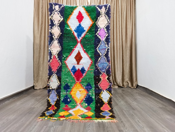 Vintage Boujad Runner Rug, Colorful Moroccan Wool Rug (3.3x6.7 Ft)