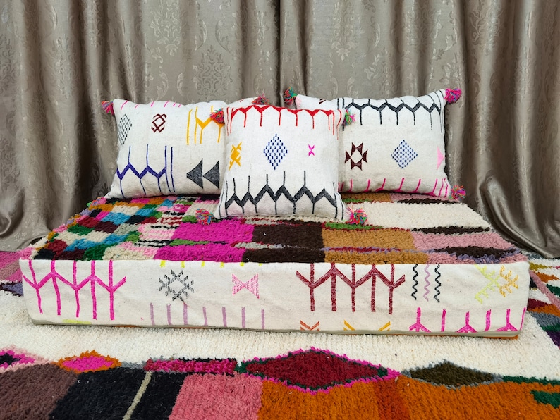 Fantástico sofá de piso marroquí Juego completo sin relleno de cojín de piso largo Decoración del hogar hecha a mano Almohadas traseras Almohada de REGALO imagen 3