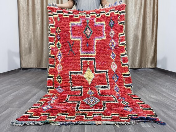 Gorgeous Handmade Moroccan Bohemian Shag Rug - Moroccan Colorful Boucherouite Rug - Old Boucherouite Rug 3.6x6.6 FT ( 111 X 201 Cm) .