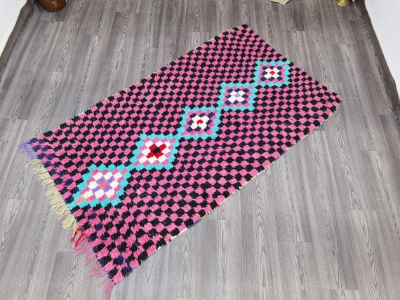 Moroccan Old Rugs , Checkered colored Vintage area Rug 4x6 ft , vintage berber rug , checkered pink and black worn area Rug .
