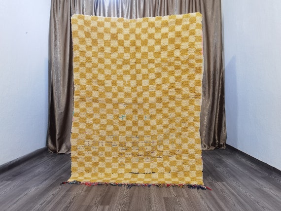 Hand-Knotted Yellow Checkered Berber Rug - 5.9 x 4.26 ft