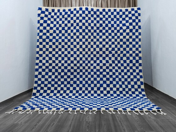 Custom Checkered Wool Rug - Beni Ourain Blue Rug - Soft Area Rug - Bohemian Rug - Large Moroccan Rug - Custom Rug - Authetinc Blue Rug