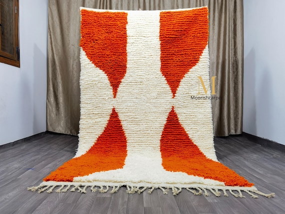 Moroccan Handmade Orange Wool Rug: Berber Bohemian Decor .