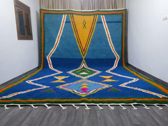 Gorgeous Blue Rugs For Living Room 10x16 ft - Soft Area Rug - Moroccan Handmade Rug, Tribal Berber Rug, Unique Colorful boujaad Rug