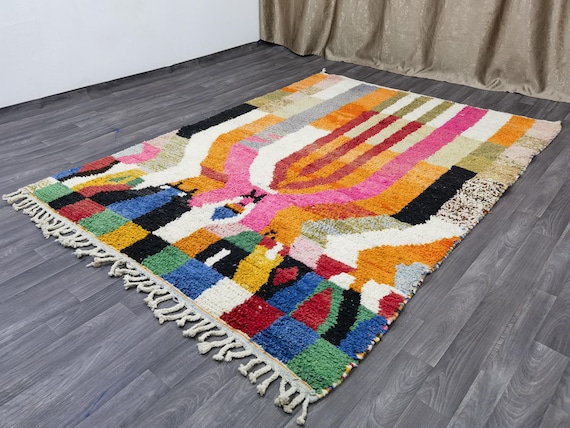 Handwoven Moroccan Wool Rug:  Orange Boho Carpet .