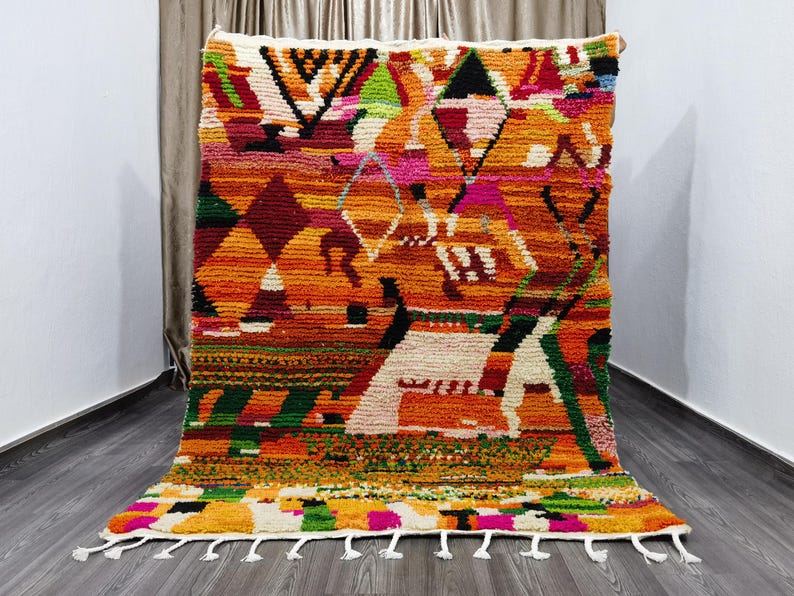 Handgjord orange marockansk matta – Autentisk berbermatta, boho-inredning bild 1