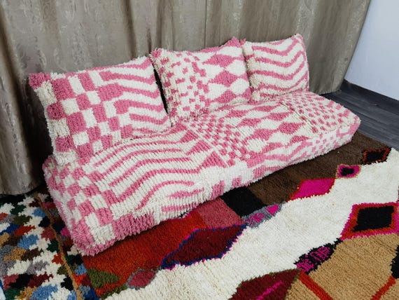 Moroccan Wool Floor Couch Cover Set : 6 ft (180x60x12 cm) Unstuffed Long Pink Floor Cushion + 3 Back Pillows  .