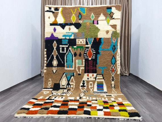 Boujaad Rugs For Living Room - Unique Aesthetic Rug -Authentic Berber Rug - Morrocan Rug Bohemian - Woven Rug - Brown Wool Beniourain Carpet