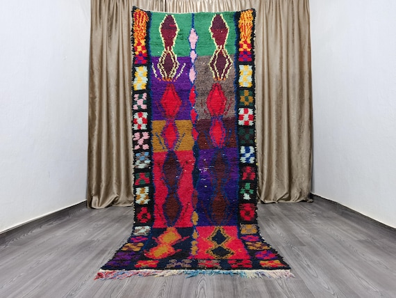 Hand-Knotted Wool Boujaad Runner Rug: Colorful Moroccan Berber Hallway Rug (3.4x8.8 Ft)