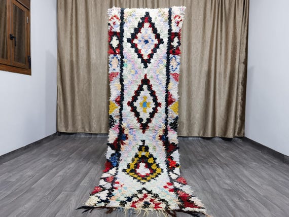 Boucherouite Moroccan rug 2.5x8.9 FT - Berber Rugs For Living Room Rug  - Handmade Moroccan Rug - Antique Boucherouite Rug - Berber Rug .