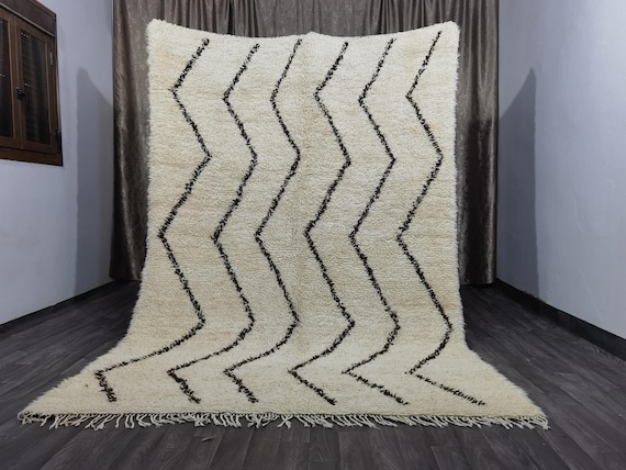 Hand-Knotted Beni Ourain Rug - Ivory Wool Moroccan Berber Rug (6.2x9.5 Ft)