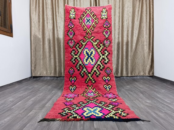 Pink Moroccan Runner Rug, Moroccan Handmade Runner Rug, Authentic Moroccan Rug, Traditional Rug, Boho Rug 3.1x8.9 Ft 96 X 272 cm .
