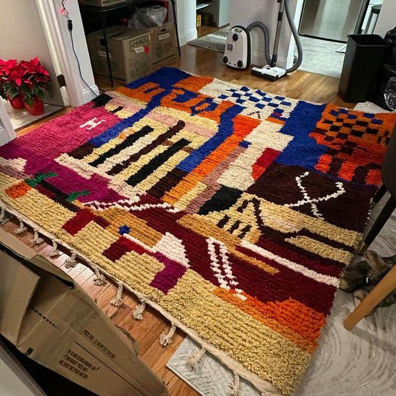 Custom Boujaad Rug, Orange Checkerboard Berber Rug, 100% Wool