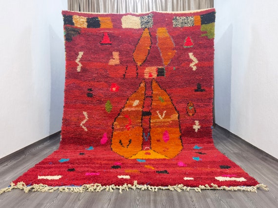Gorgeous Beni Ourain Rug - Red Moroccan Rug - Bohemian Rug Orange- Unique Red and  Orange Rug- Handmade Rug For Living Room -Red Rug Bedroom