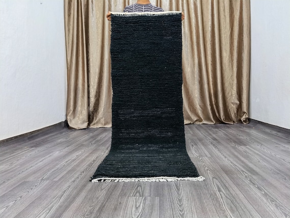 Black Beni Ourain Rug Runner - Black Living Room Rug - Black Moroccan Rug - Rug Custom Size - Moroccan area rug - Authentic Moroccan Rug -