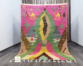 Alfombra bereber de lana anudada a mano, colorida alfombra Boujaad rosa