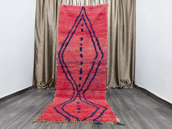 Hand-Knotted Wool Boujaad Runner Rug: Red & Blue Moroccan Berber Rug (3.3x9.4 Ft)