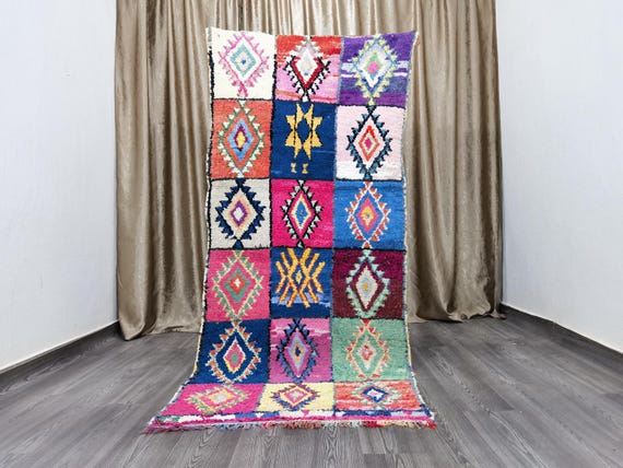 Fantastic Moroccan Handmade Boucherouite Rug- Authentic Moroccan Pink rug - Berber Runner Carpet - Moroccan Pink Rug 228x102 Cm / 3.3×7.5 Ft